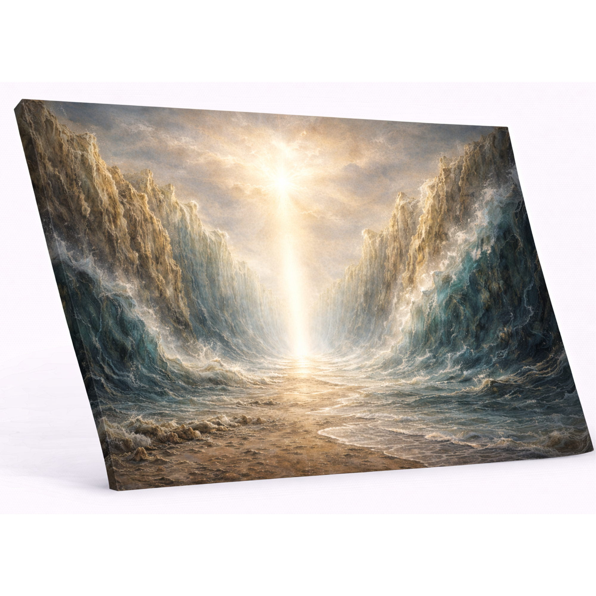 inspired by the parting of the Red Sea. A dramatic biblical ocean painting representing faith, deliverance, and the Exodus story.