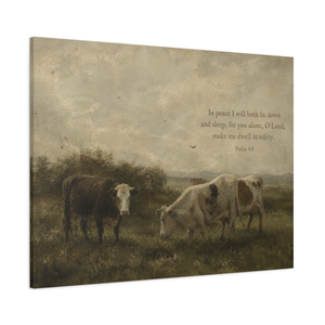 Psalm 4:8 Pastoral Cow Painting | Moody Christian Farmhouse Wall Art