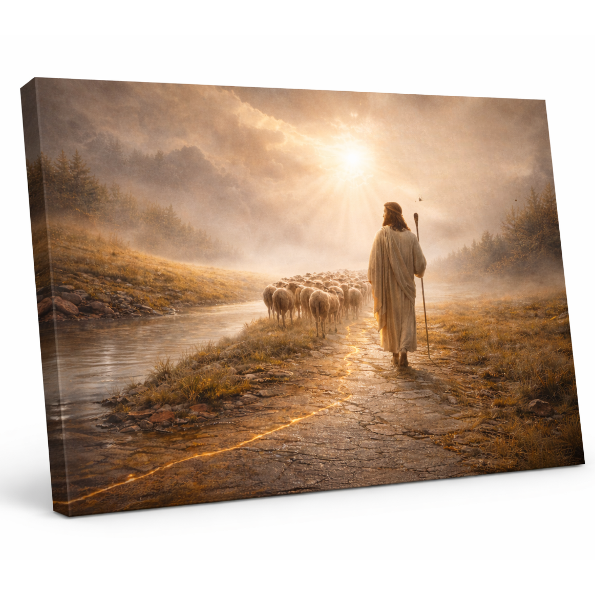 Man leading sheep along a path with a sunset in the background