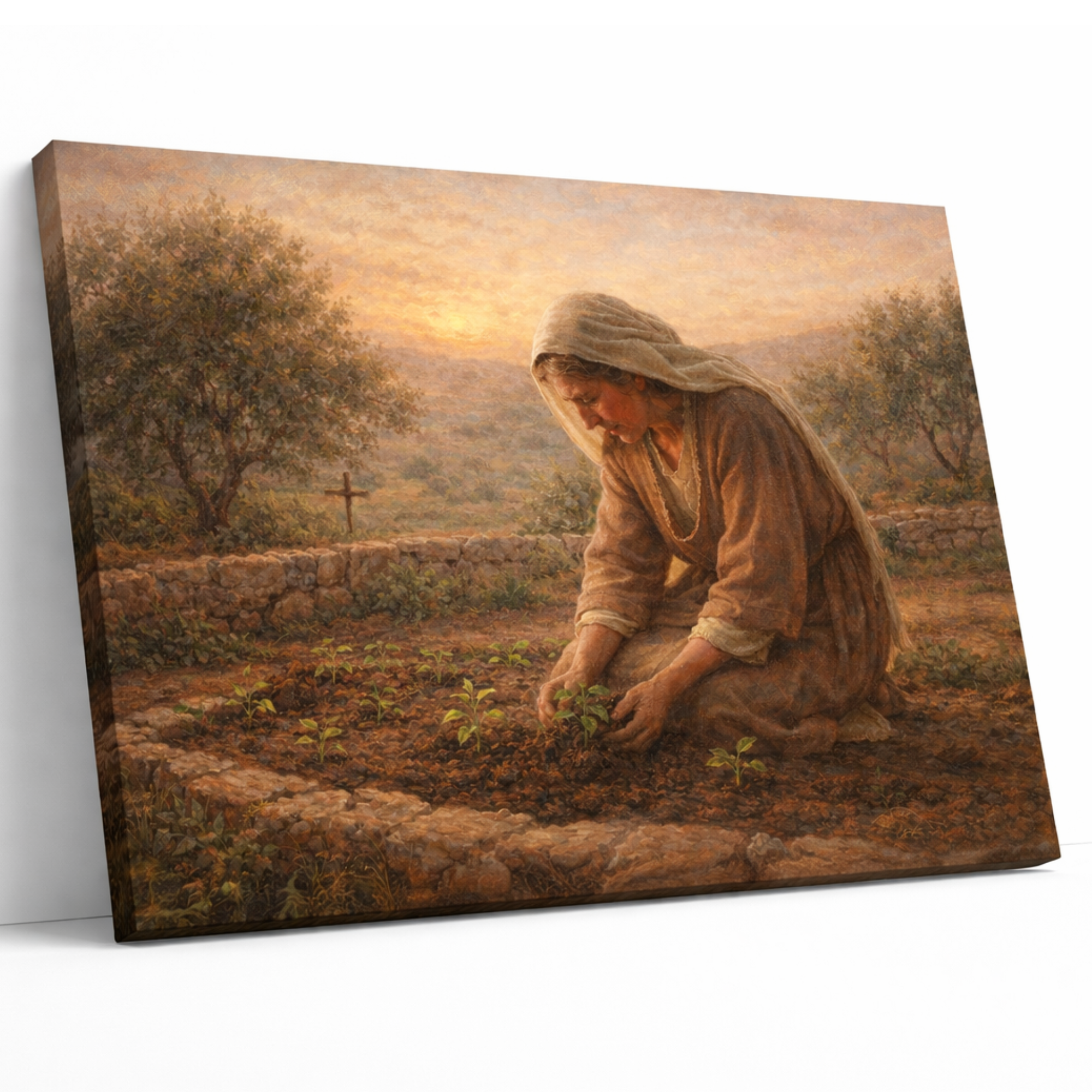 Painting of a woman tending to plants in a field with a scenic background