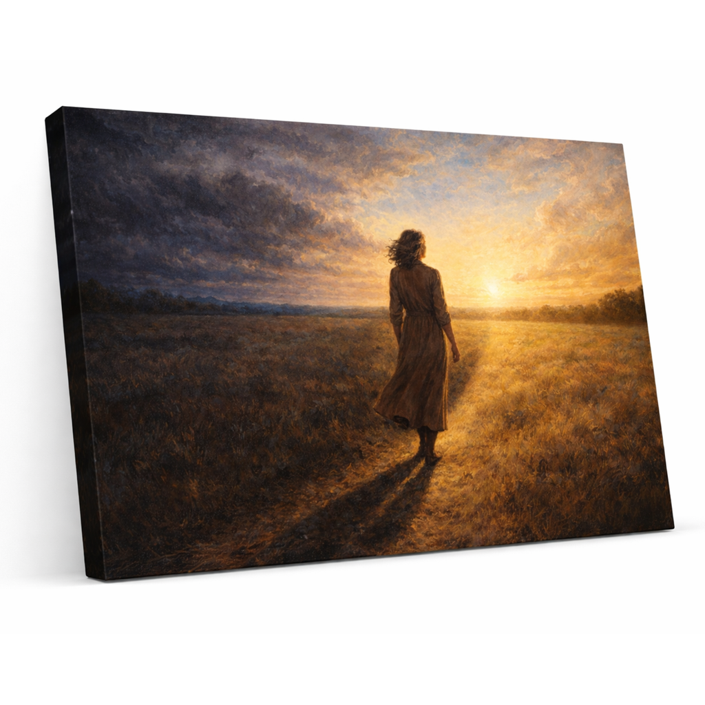 Woman walking in a field towards the sun on a canvas print