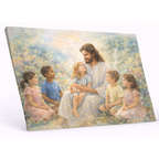 Canvas print of Jesus sitting with children in a floral field