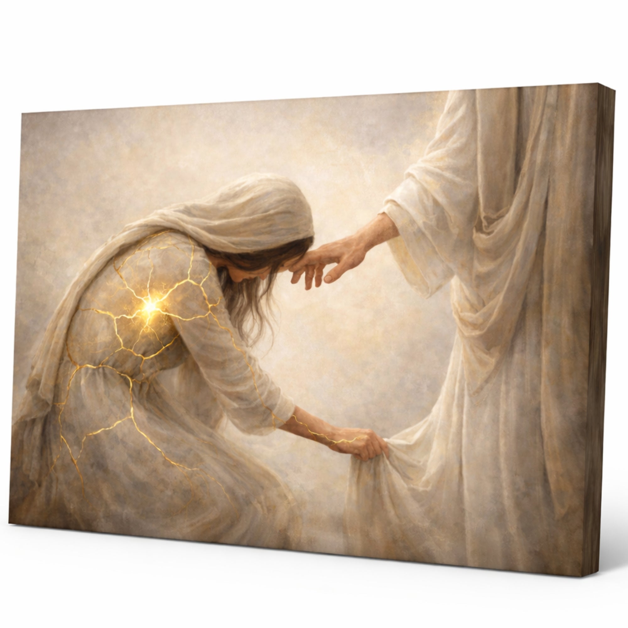 Canvas print of an artistic depiction of two figures reaching out to each other with a soft, warm background.