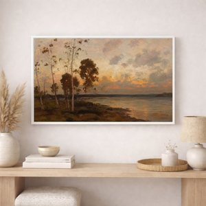 Vintage Lakeside Sunset Wall Art Print | Impressionist Painting