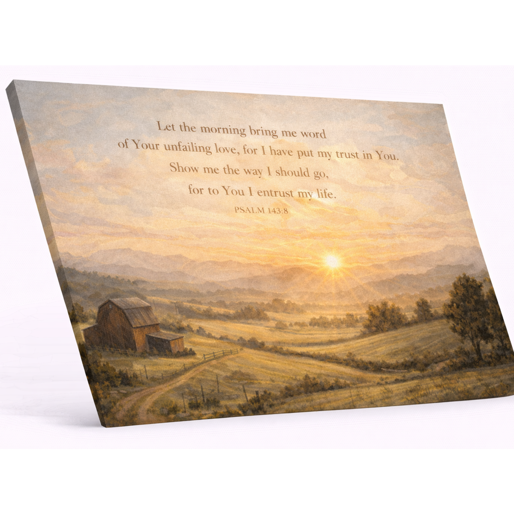 Canvas print with a sunset over a field and a barn, featuring a religious quote.