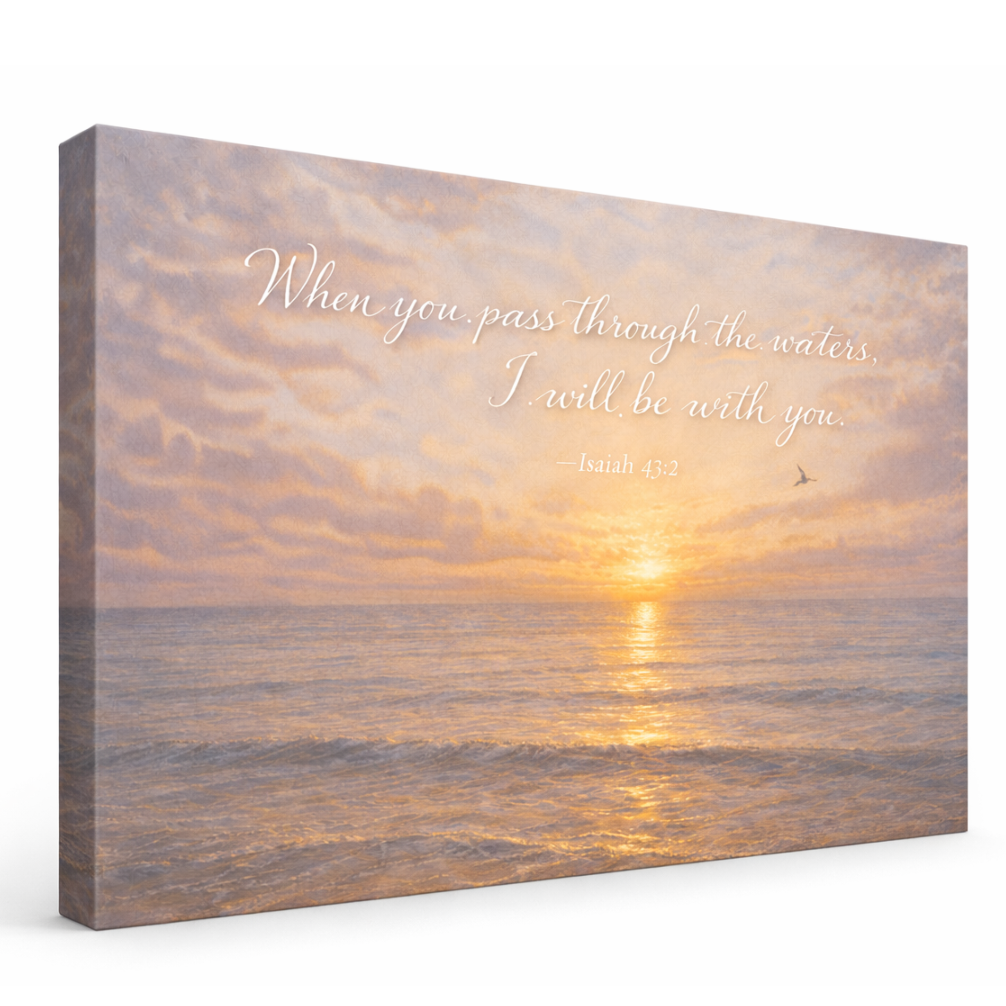 Canvas print with sunset over water and inspirational quote on a white background