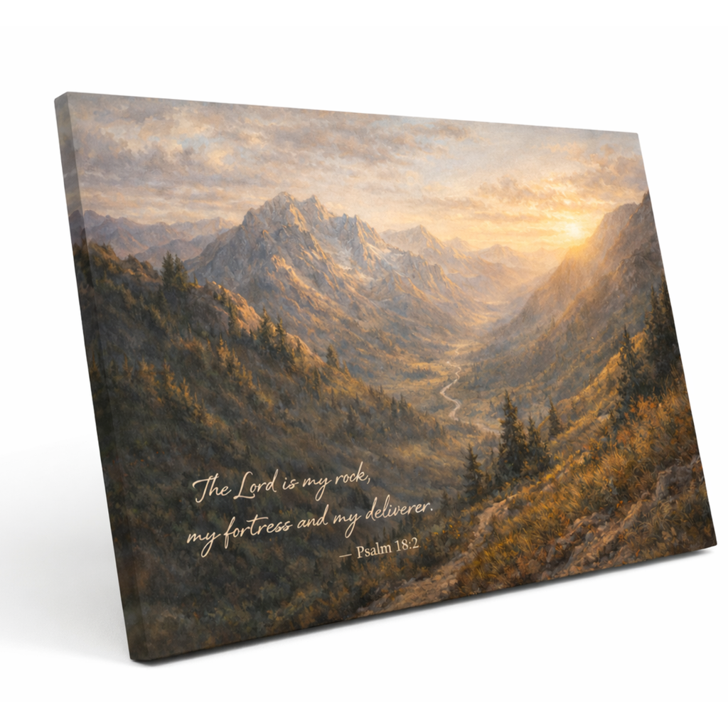 Canvas print of a mountain landscape with a religious quote