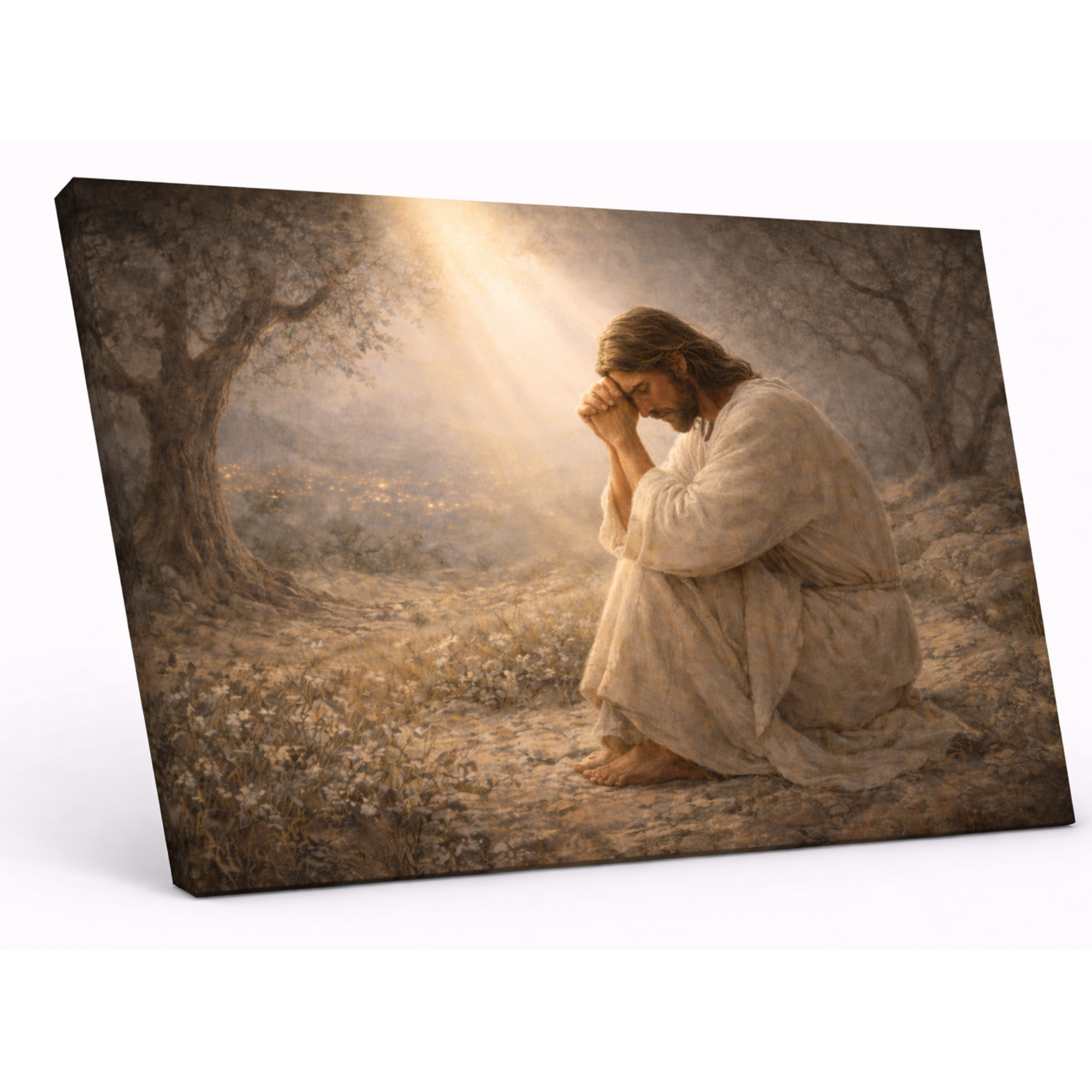 Canvas print of a person in a white robe kneeling in a misty forest with a light source above.