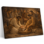 Canvas print of a religious scene with a central figure washing feet, surrounded by onlookers.