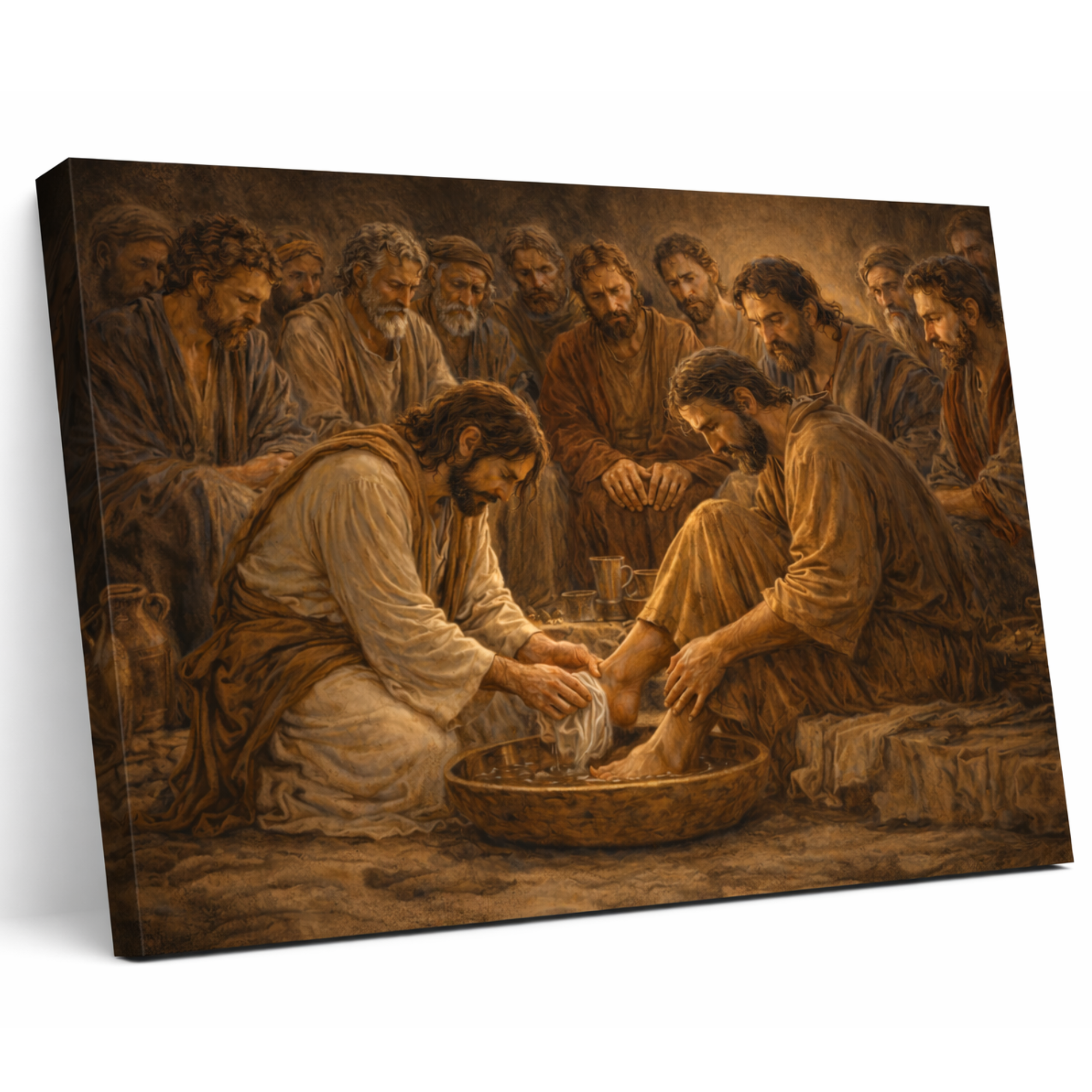 Canvas print of a religious scene with a central figure washing feet, surrounded by onlookers.