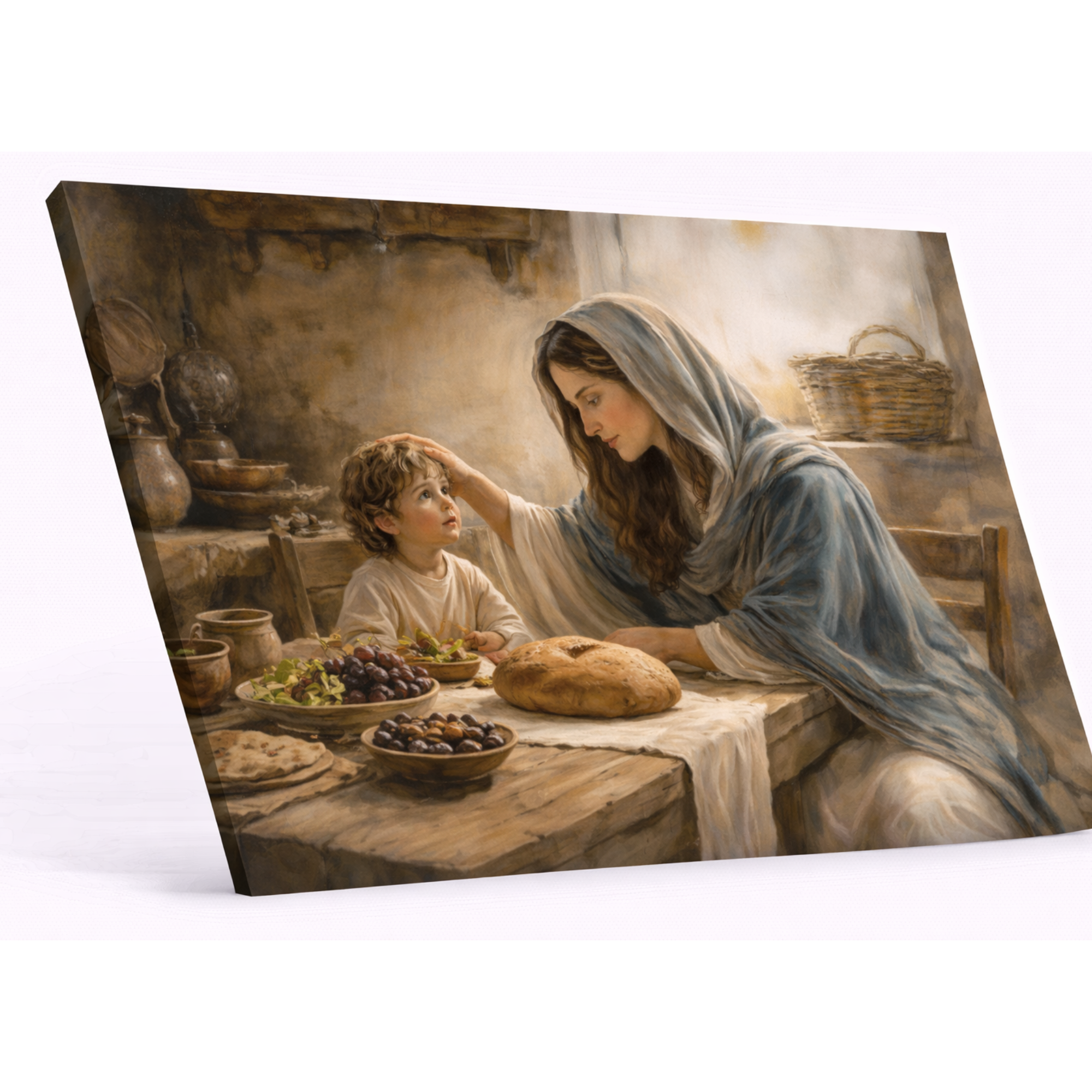 Painting of Mary and child at a table with food on a white background