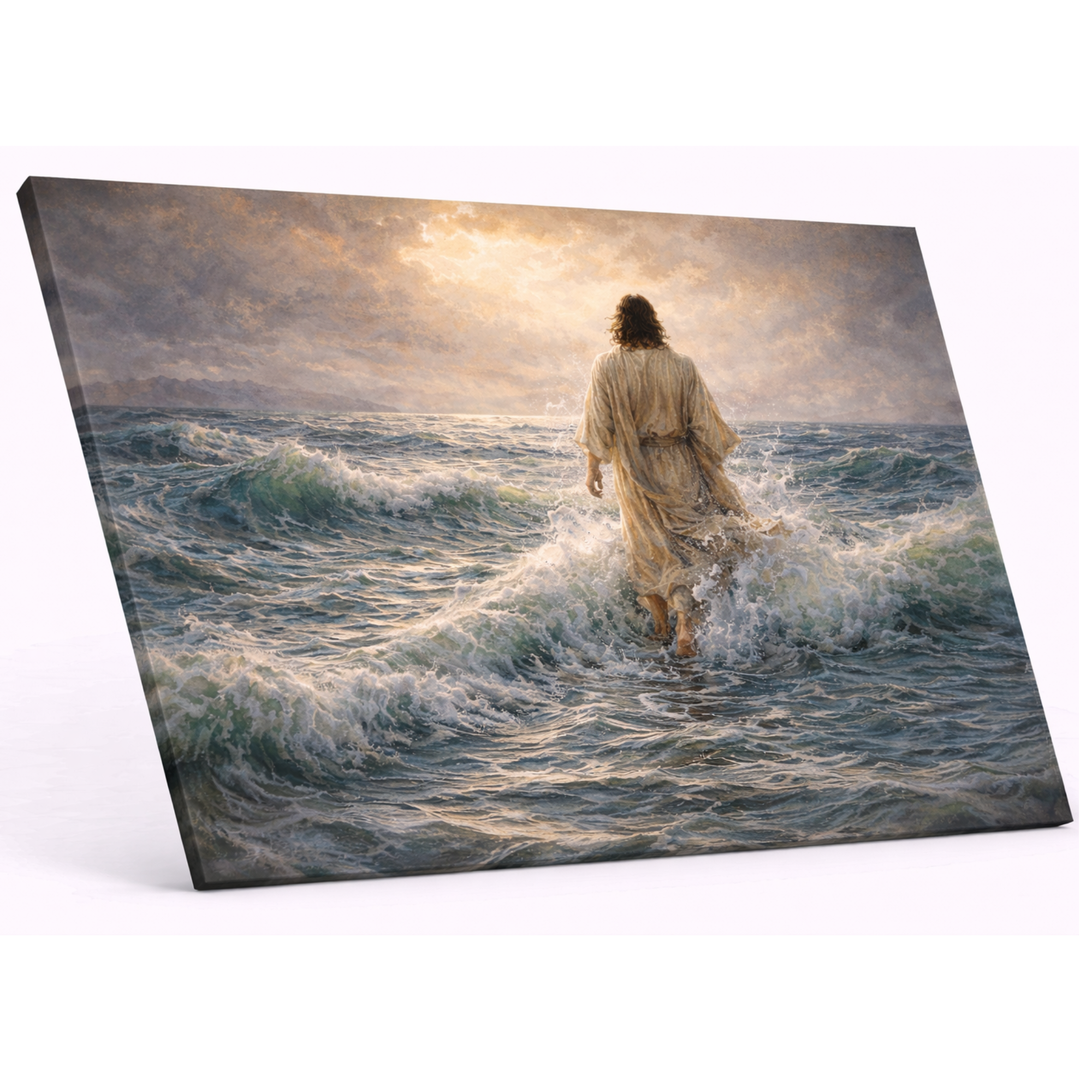 Canvas print of a religious scene with Jesus walking on water.