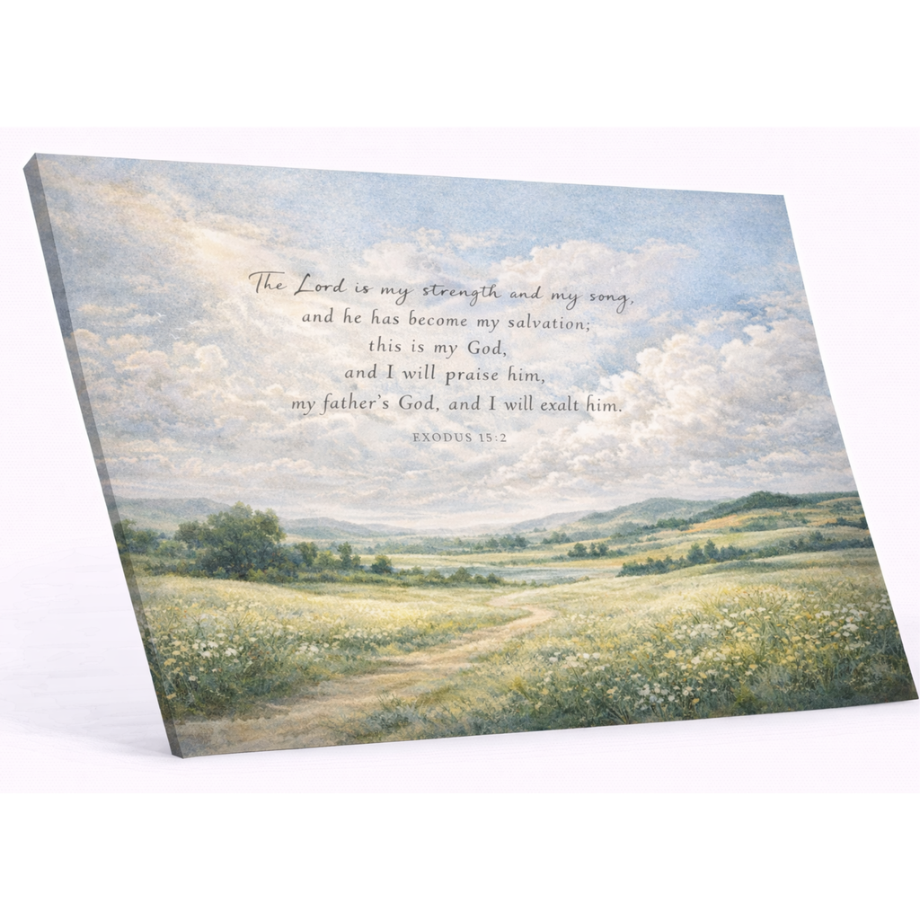Canvas print with a landscape scene and inspirational text on a white background
