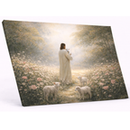 Canvas print of a religious scene with Jesus holding a lamb in a pastoral setting.
