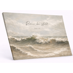 Canvas print with ocean scene and 'Peace, be still' text on a white background