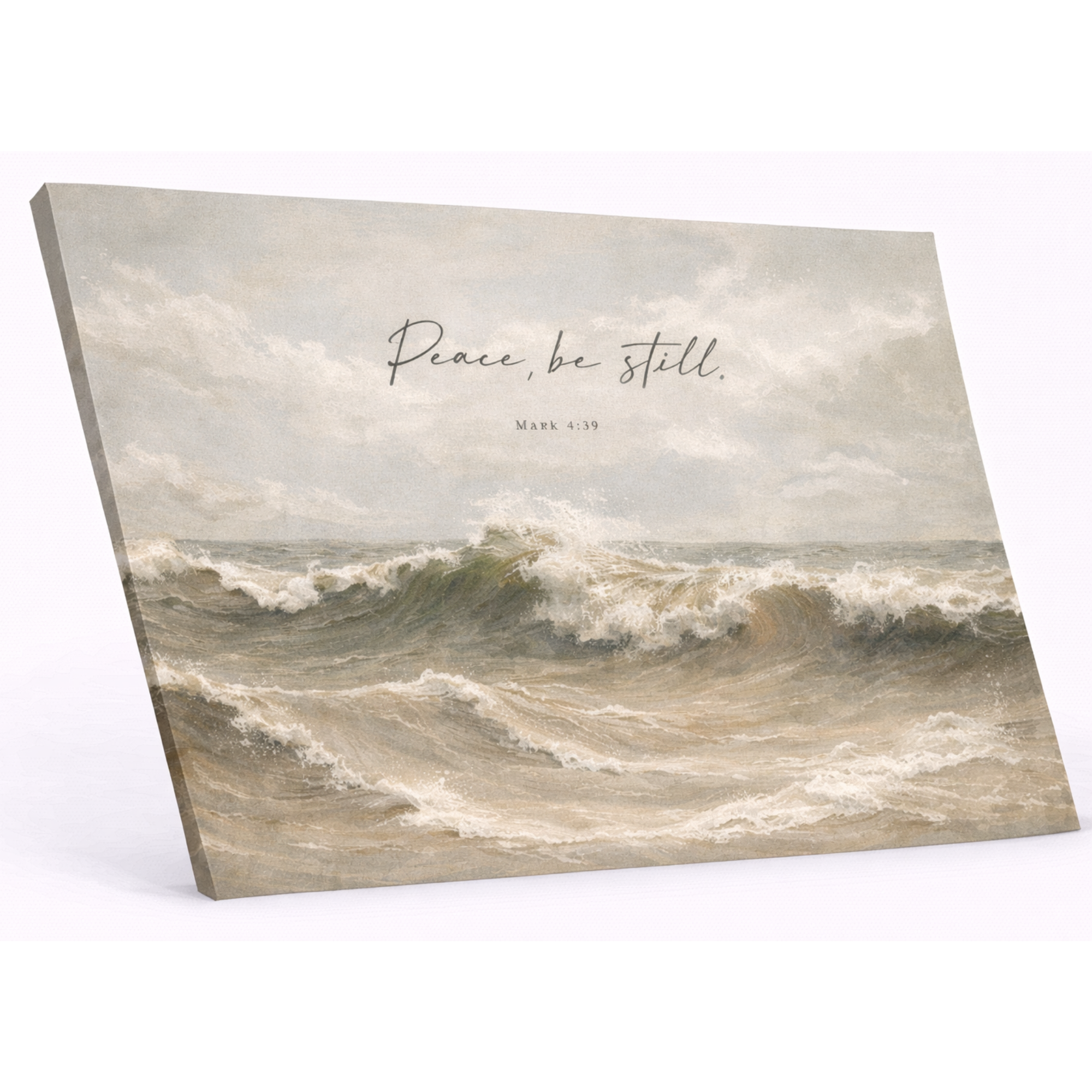 Canvas print with ocean scene and 'Peace, be still' text on a white background