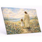 Painting of a figure and a child walking through a flower field with a cloudy sky.