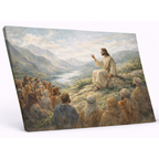 Canvas print of a religious scene with a figure teaching a crowd in a mountainous landscape.