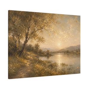 Golden Riverbank Path | Antique Gold Landscape Canvas Wall Art