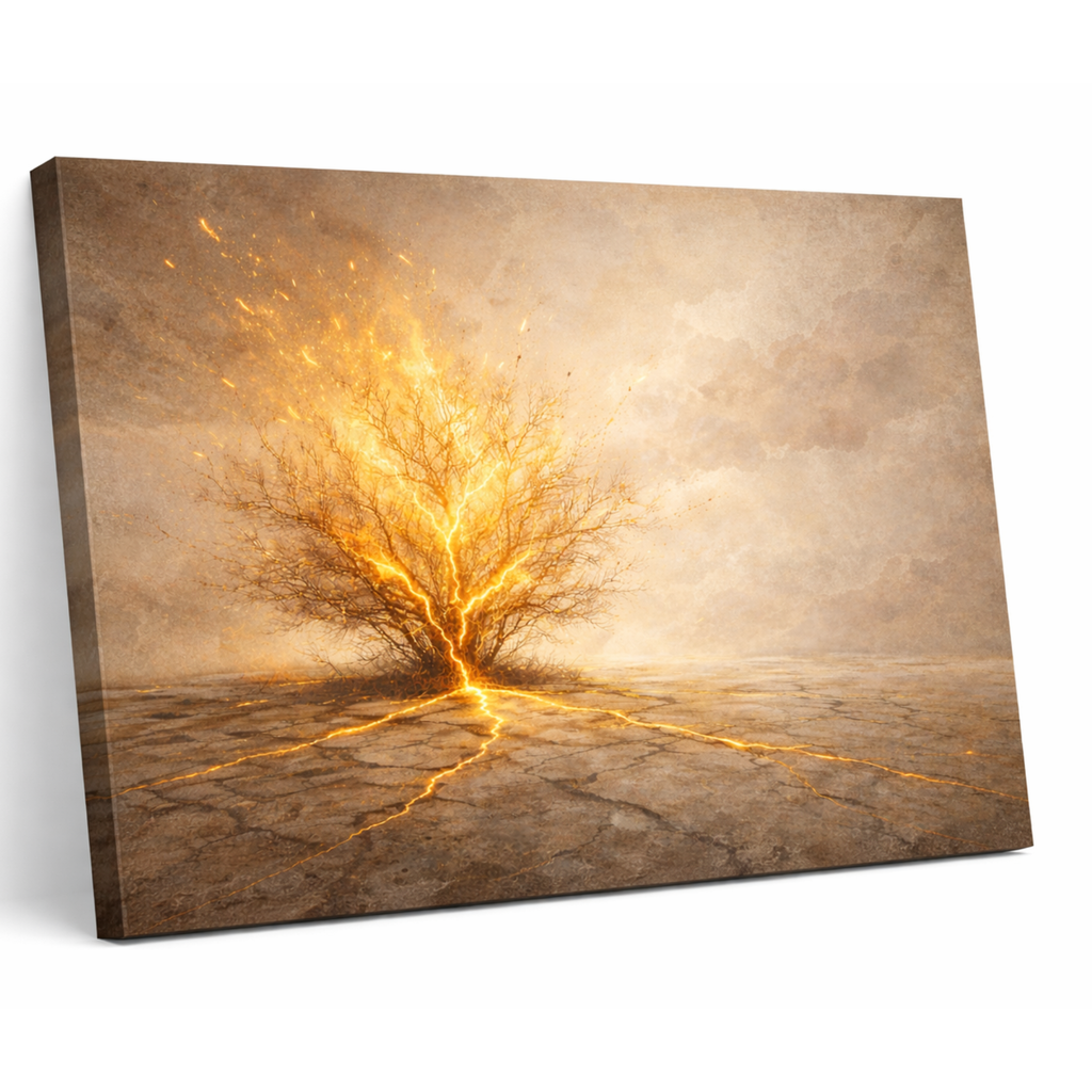 Canvas print of a tree with glowing yellow branches on a brown background