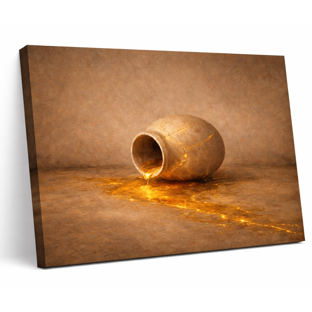 Canvas print of a cracked ceramic alabaster jar on a reflective surface with a brown background