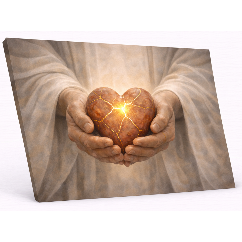 Hands holding a glowing heart-shaped stone on a white background