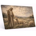 Canvas print of a shepherd with sheep and Bible verse on a white background