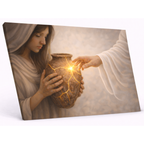 Woman holding a glowing cracked vase with another hand reaching out, on a white background