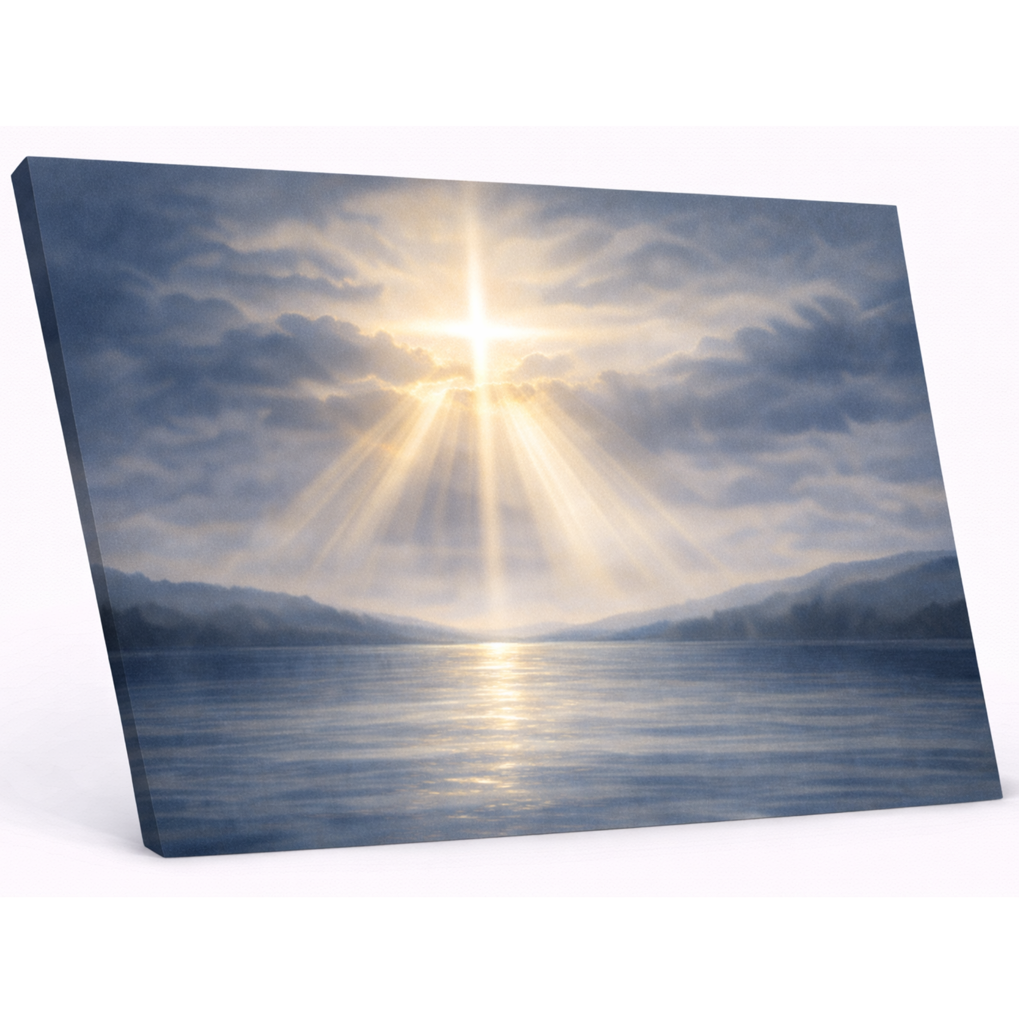 Canvas print of a sunset over water with sunbeams through clouds