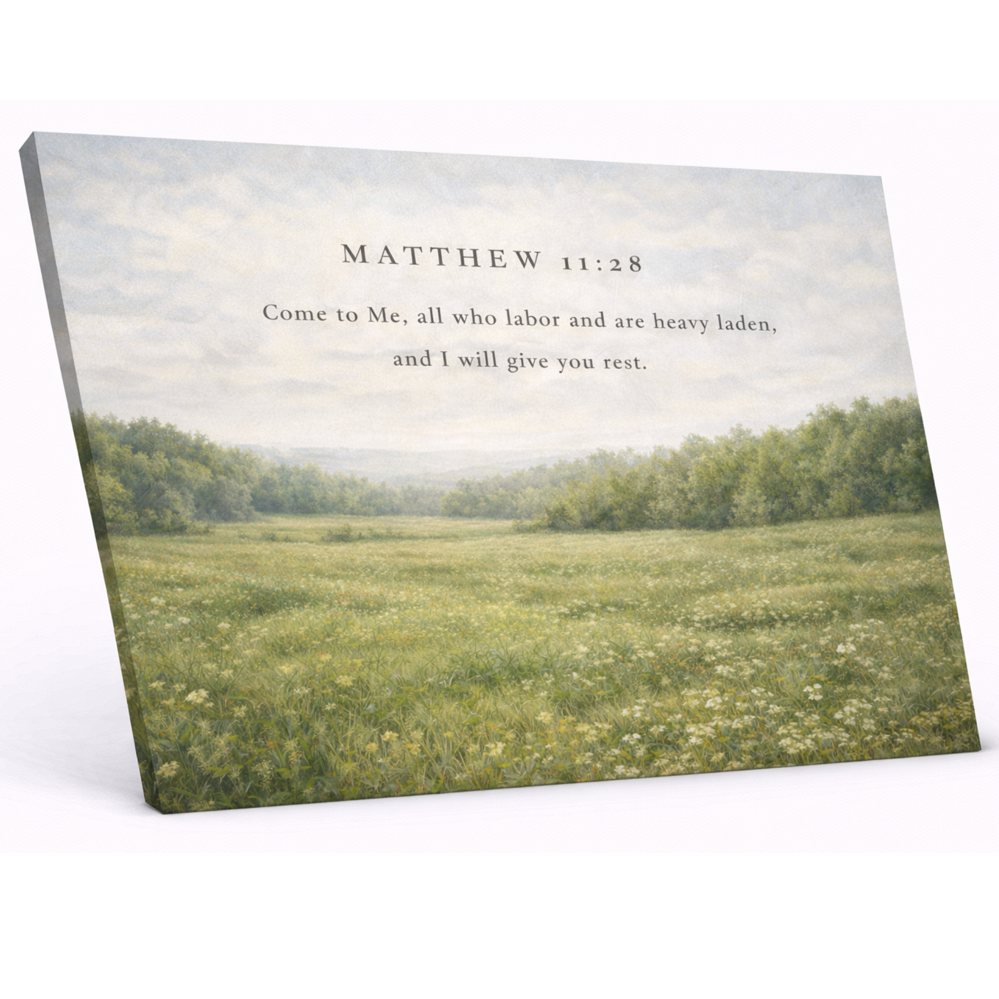 Canvas print with a landscape of a field and trees, featuring the text 'Matthew 11:28' on a white background.