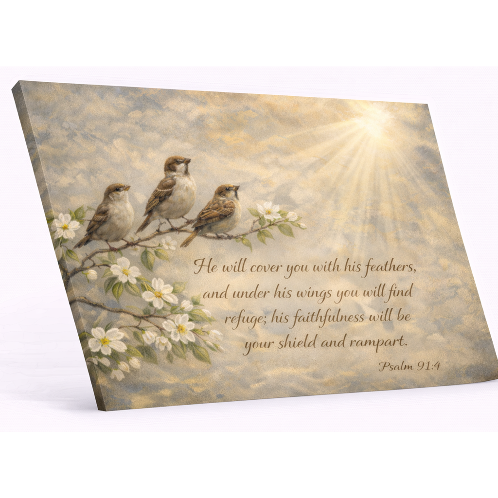Decorative wall art with birds on a branch and inspirational text on a light background