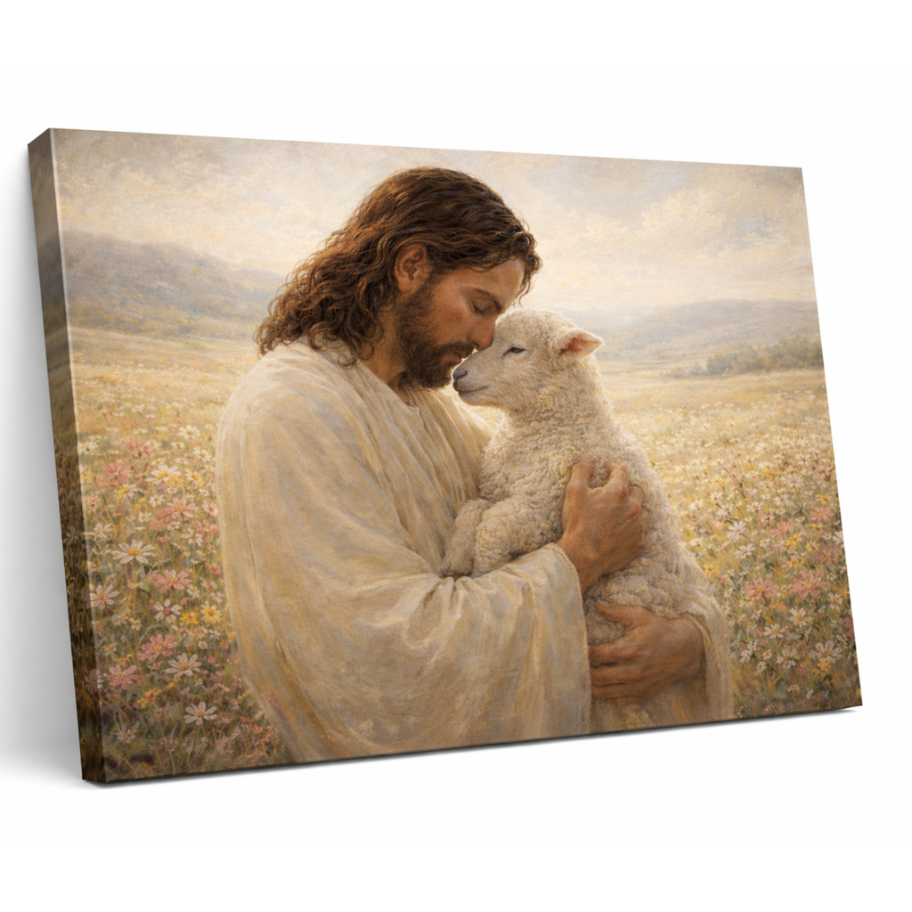Canvas print of a religious scene with a man holding a lamb in a field.