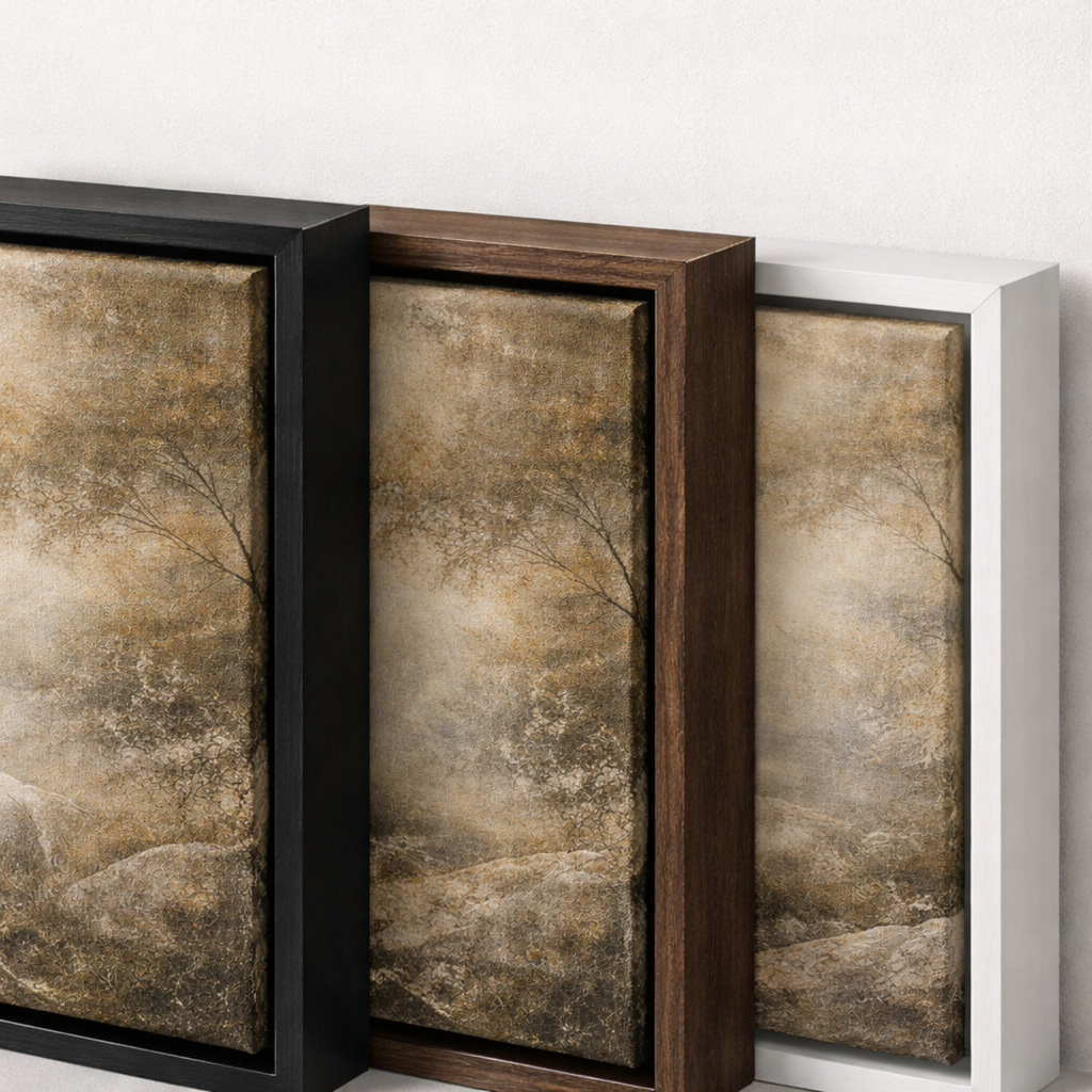 Three framed artworks with textured brown and beige designs on a white wall.