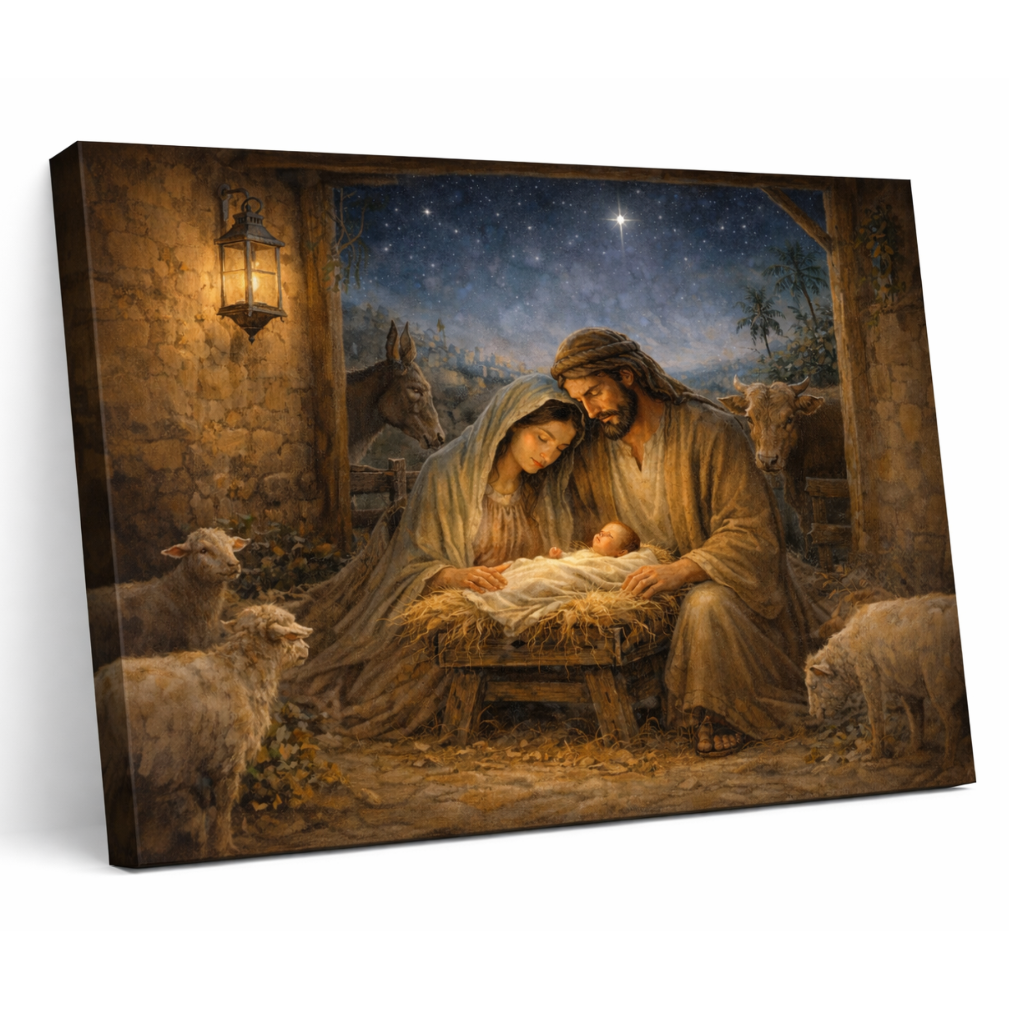 Canvas print of a nativity scene with Mary, Joseph, and baby Jesus in a stable.