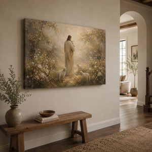 Jesus with Lambs in Blooming Garden | Christian Wall Art