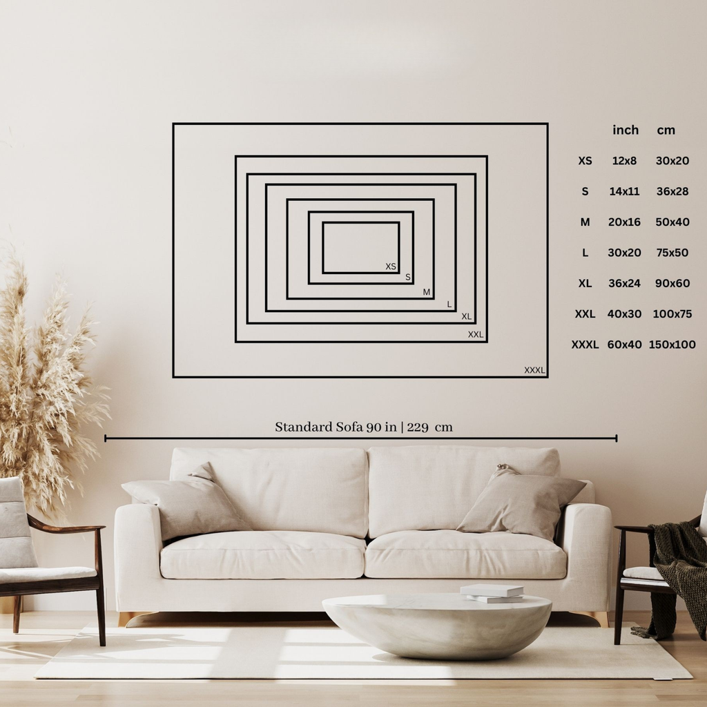 Living room with a white sofa, coffee table, and decorative elements, featuring a wall measurement chart.
