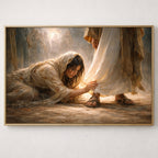 Framed artwork of a woman kneeling and a person standing, with a warm glow on a white wall.