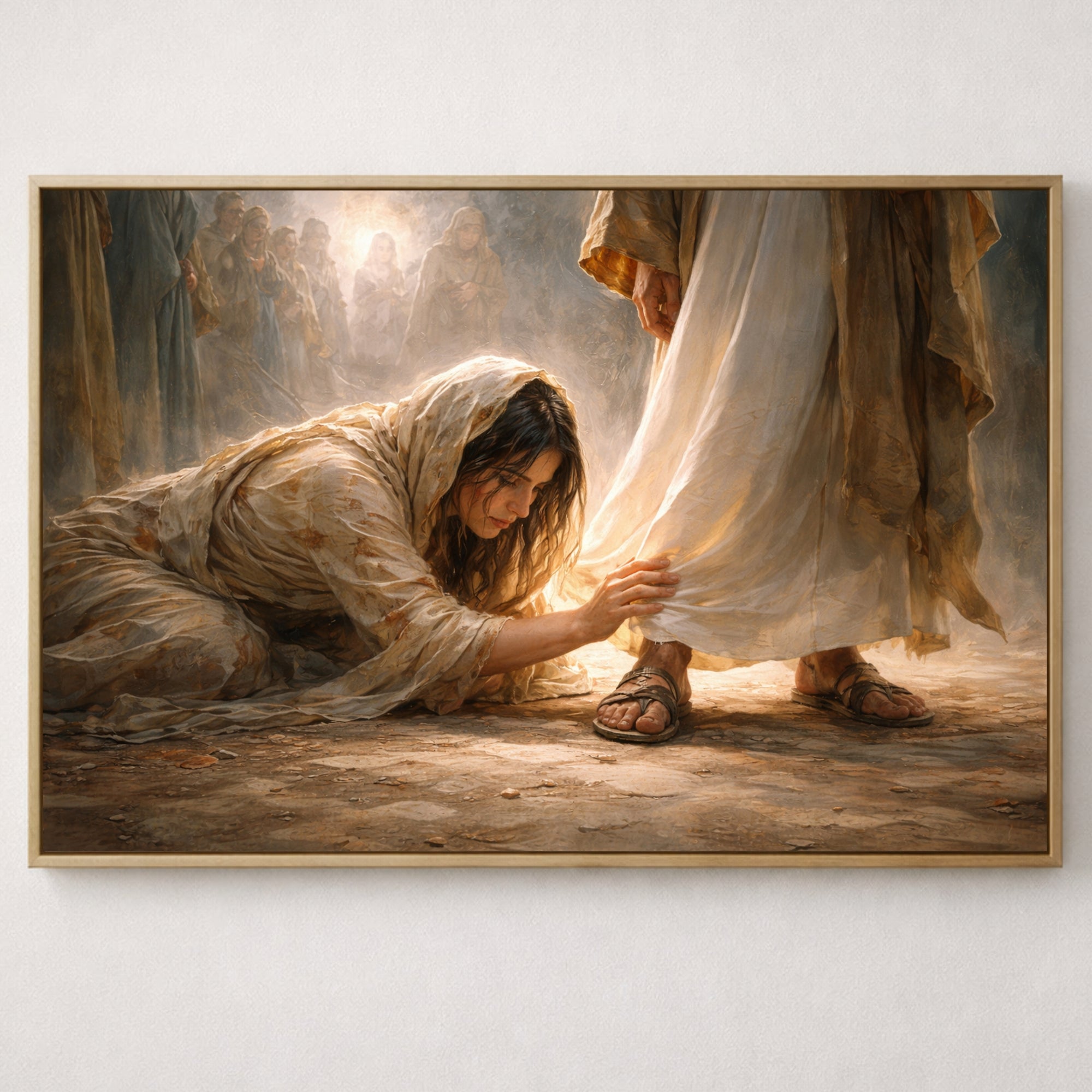 Framed artwork of a woman kneeling and a person standing, with a warm glow on a white wall.