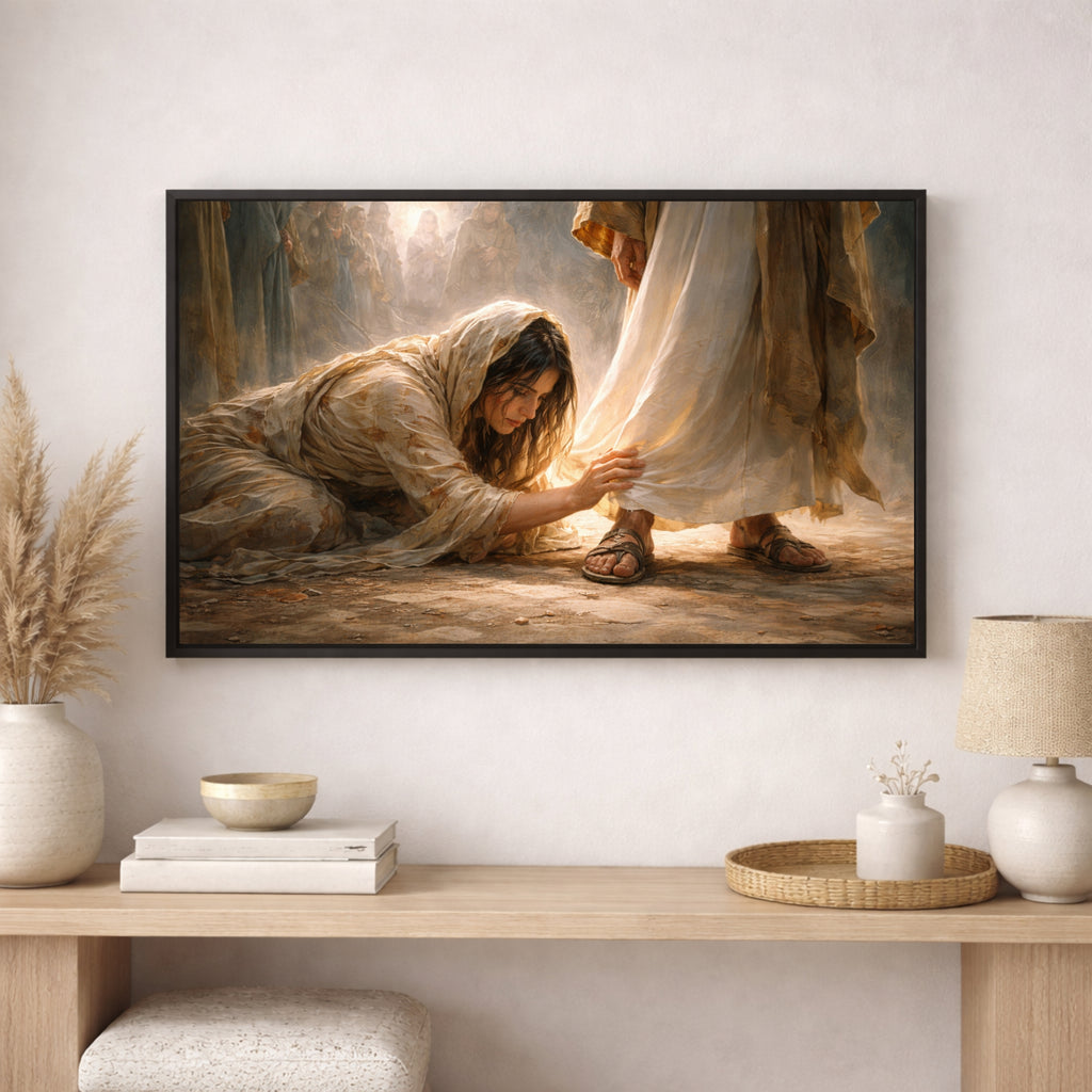 Framed artwork of a woman kneeling and touching a man's foot in a room with decor elements.