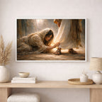 Framed artwork of a woman kneeling and a man reaching out, displayed on a wall above a wooden shelf with decorative items.