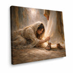 Canvas print of a classical painting showing a woman kneeling and another figure standing, with a warm light source.